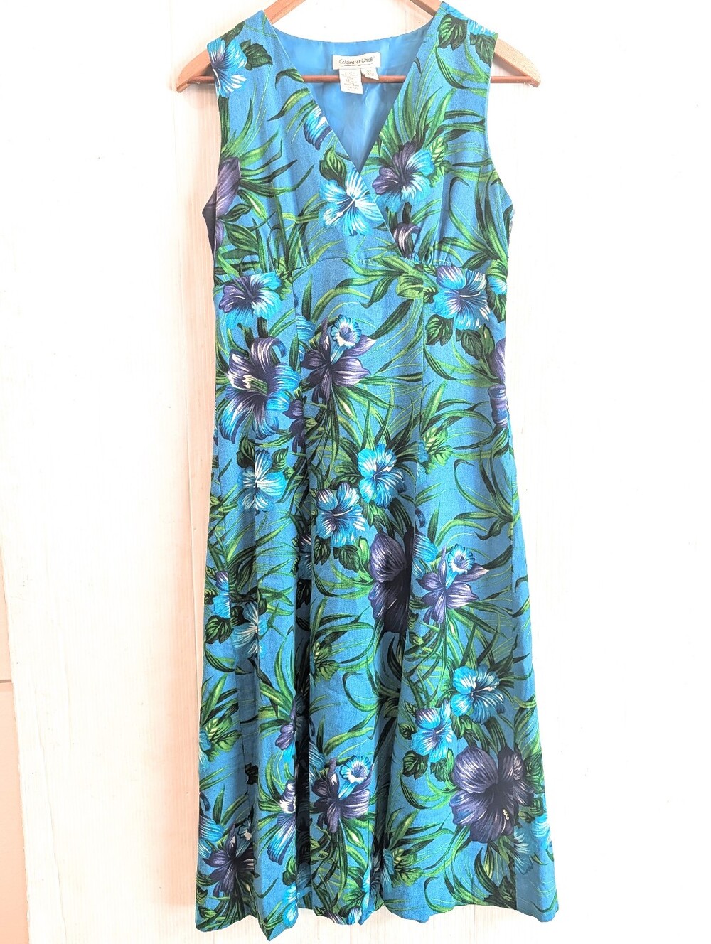 COLDWATER CREEK Aqua Hawaiian Floral Linen Blend Sleeveless Wrap Dress Size 6P